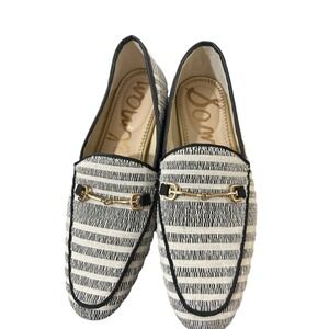 Sam Edelman Loafers Women Black White Stripe Horsebit Buckle Slip On Shoes